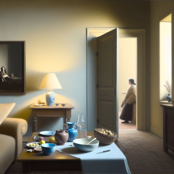 Gezellige woonkamer met een elegant gedekte tafel en zachte verlichting, met twee figuren op de achtergrond die de ruimte betreden.