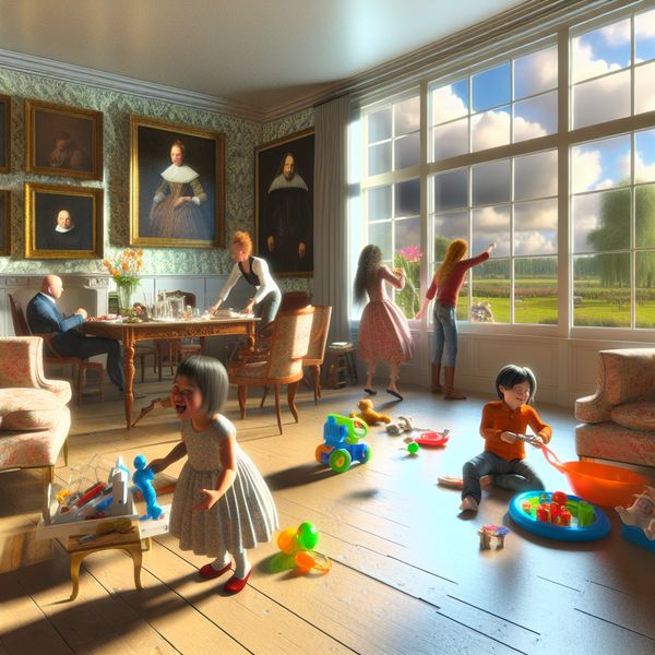 Gezellige woonkamer met gezin en activiteiten Gezellige woonkamer met kinderen die spelen en ouders die voorbereidingen treffen voor een familie bijeenkomst, met grote ramen die uitzicht bieden op een weelderige tuin.