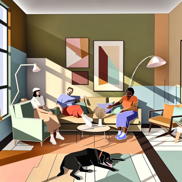 Een gezellig moderne woonkamer met een blije hond die op de vloer ligt te snurken.