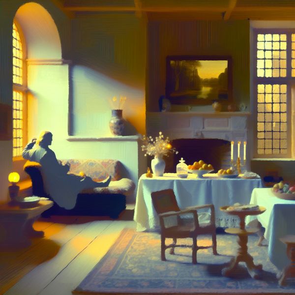 Sereen binnenbeeld van een gezellige ruimte met diffuus licht en een tafel voor een kleine samenkomst.