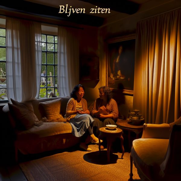 Een jonge vrouw zit gezellig op een plush bank, praat met vrienden in een warm verlichte woonkamer.