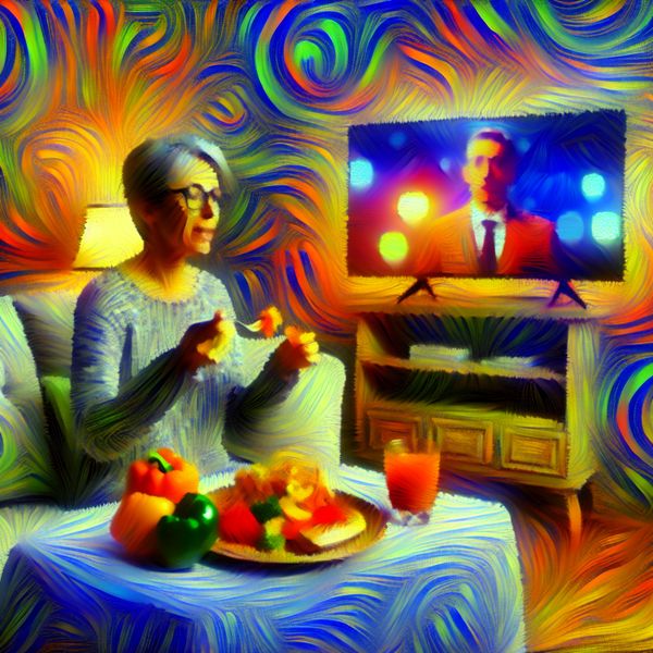 Gezellige woonkamer met persoon die rustig eet en televisie kijkt Een middeljarige volwassene eet kalm een maaltijd terwijl hij televisie kijkt in een gezellige woonkamer.