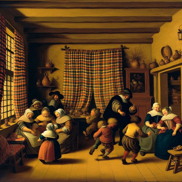 Gezellige woonkamer met ruitpatroon gordijnen Een levendige woonkamer met een gezin dat gezellig samenkomt, plaid gordijnen en warme, aardse kleuren.