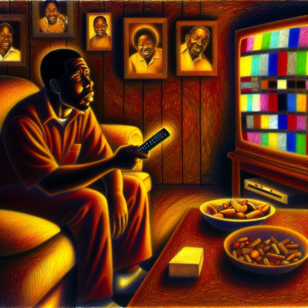 Gezellige woonkamer met televisie en snacks Een persoon zittend op een comfortabele bank, gefocust op een grote televisie met kleurrijke zenders.