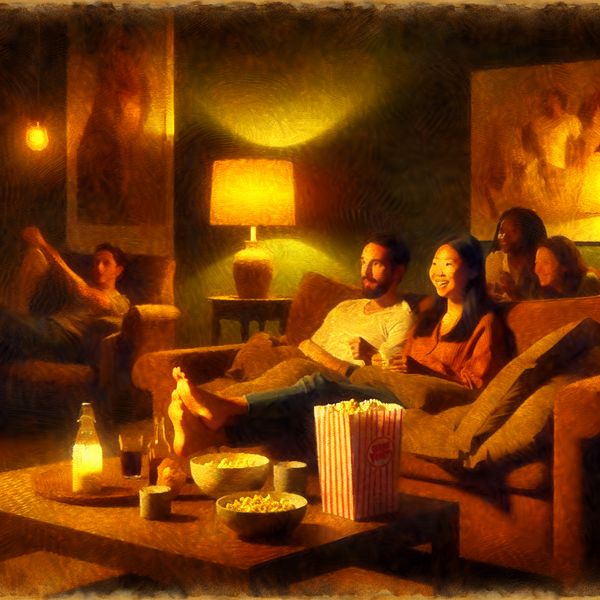 Gezellige woonkamer met vrienden filmmarathon Een gezellige woonkamer met vrienden die samen films kijken, omringd door popcorn en drankjes.