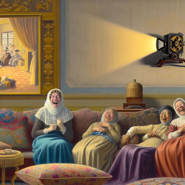 Gezellige woonkamer met vrienden kijken naar een komediefilm Vrouw lacht hartelijk in een elegante woonkamer terwijl vrienden genieten van een komediefilm op een vintage projector