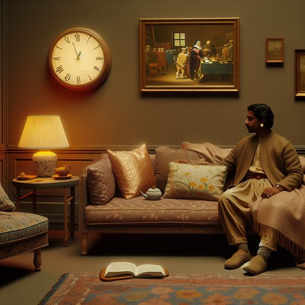 Gezellige woonkamer met wandklok en rustige sfeer Cozy living room with a person looking at a wall clock, warm lighting, and plush fabrics.