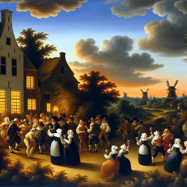 17e-eeuws Nederlands landschap bij zaterdagavond met gezellig dorp, mensen die wijn drinken en praten onder een dramatische avondlucht met windmolens