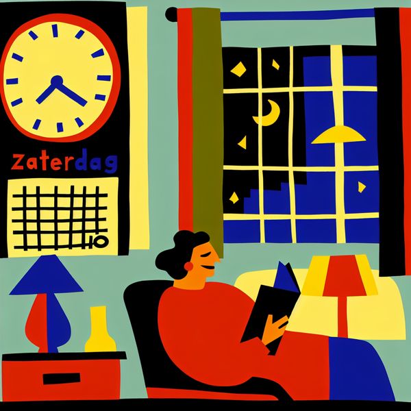 Gezellige zaterdagavond thuis: tijdstip voor ontspanning en lezen Minimalistische illustratie van een gezellige zaterdagavond thuis met een klok die 20:00 uur aangeeft, iemand leest een boek bij lamplicht