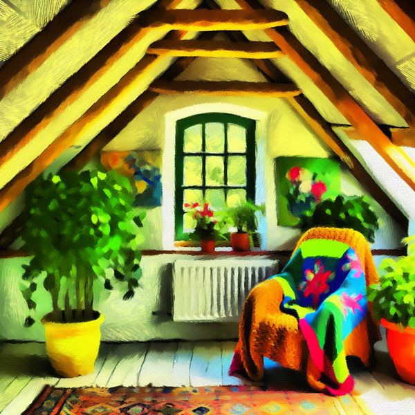 Cozy Zolder Inrichting voor Taal Leerlingen Gezellige zolderruimte met een comfortabele fauteuil, kleurrijke dekens en groene planten