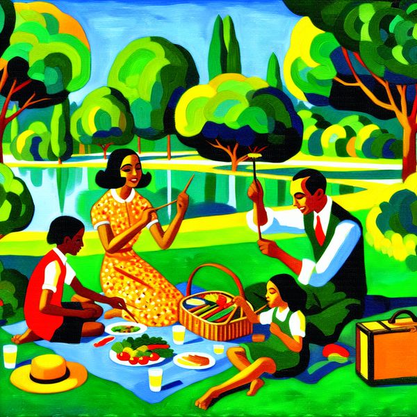 Gezellige zomerse picknick bij het meer Een vrolijke familie picknickt aan een serene meer in de zomer.