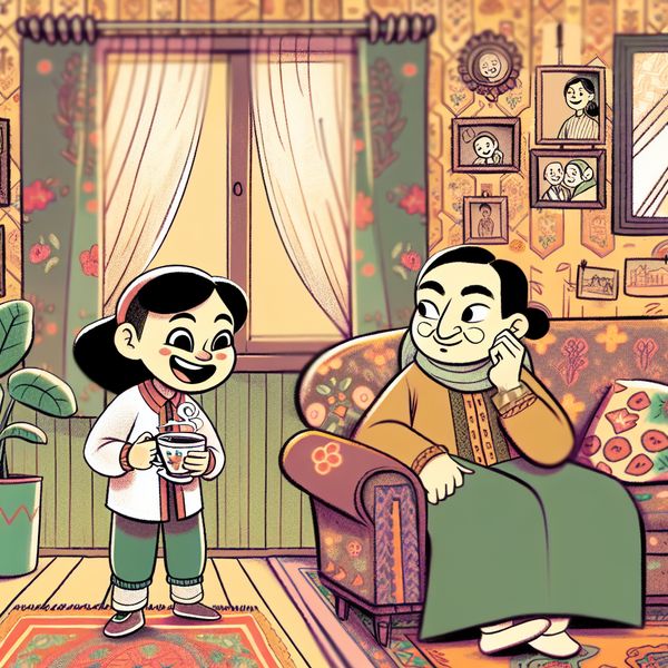Gezellige Zussen in de Woonkamer Een cartoonachtige afbeelding van twee zussen in een gezellige woonkamer, met de jongere zus die thee houdt en de oudere zus die glimlacht.