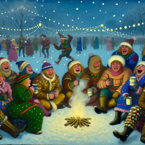 Een groep vrienden verzameld rond een gezellig kampvuur in een winterpark, spelend en lachend.