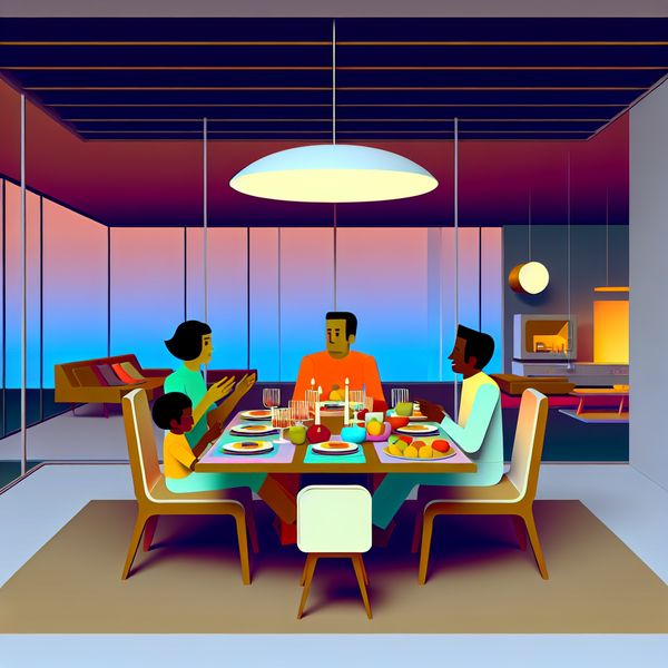 Avondeten met het gezin: gezellige avondmaaltijd in retro-futuristische setting Gezin aan avondetenstafel in retro-futuristische stijl met warme verlichting en kleurrijk servies