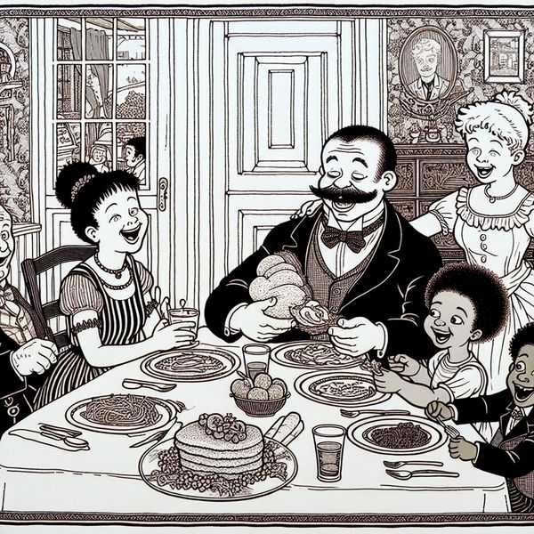 Cartoon van een gezin dat gezamenlijk aan tafel eet