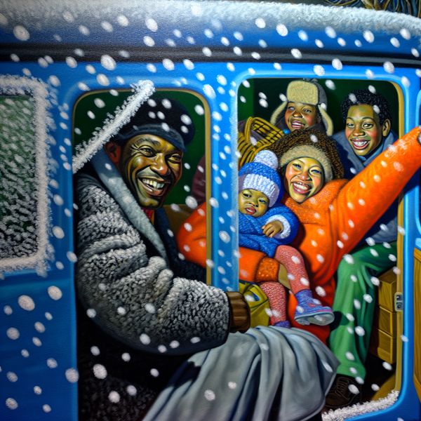 Gezin in Auto met Sneeuwvlokken - Gelijktijdige Gebeurtenissen Een warme winterscène met een gezin in een auto, glimlachend en zich voorbereidend op een reis, terwijl sneeuwvlokken naar beneden vallen.