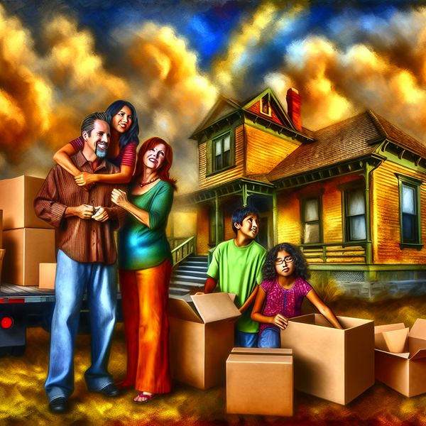 Gezin verhuist naar een nieuw huis - Emoties en veranderingen Een gezin pakt dozen en laadt een verhuiswagen voor hun oude huis, met uitdrukkingen van anticipatie en nostalgie.