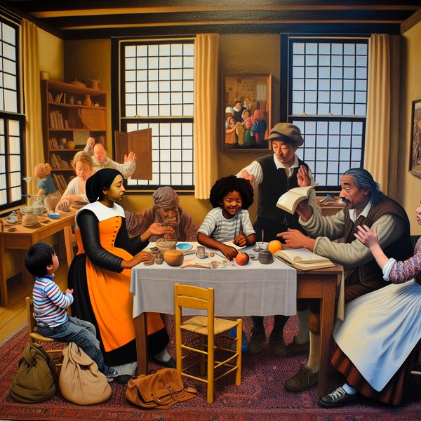Gezinsbijeenkomst over schoolactiviteiten in een warme Nederlandse setting Een levendige scène van een gezin rond een tafel, waarin ouders met hun kind praten over schoolactiviteiten, met boeken en schoolspullen om hen heen.