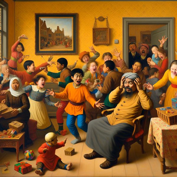 Een man omringd door enthousiaste kinderen en een vrouw die een spel uitlegt in een huiselijke chaos.