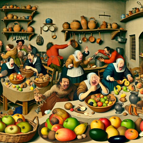 Een grapachtige en levendige scène van een tafel vol met fruit, waarvan sommige rotte plekken vertonen, in een drukke en warme keuken.