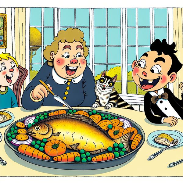Gezinsdiner met gebakken vis en groenten Een cartoonachtige illustratie van een gezin aan een gezellige eettafel met een grote schaal met gebakken vis en kleurrijke groenten.