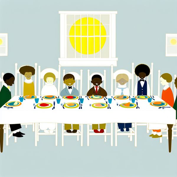Gezinsdiner Illustratie - Keurig Gedrag van Kinderen Minimalistische illustratie van een gezinsdiner met vrolijke kinderen die zich keurig gedragen