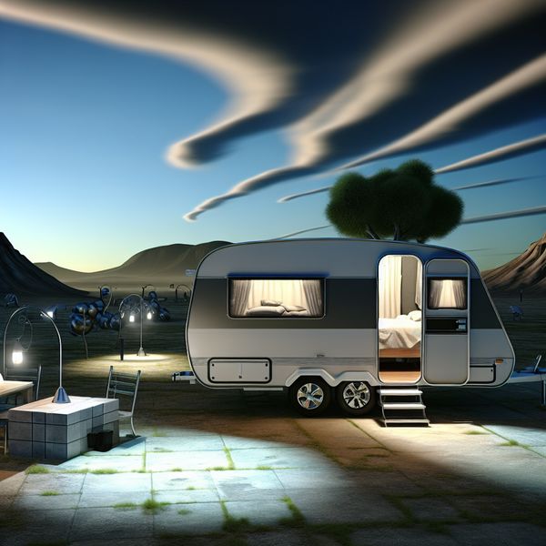 Gezinsvakantie met caravan: avontuur en comfort op reis Hyperrealistische en surrealistische afbeelding van een gezinsvakantie met een caravan als tijdelijk thuis, geparkeerd op een uitgestrekt, dromerig kampeerterrein onder een dramatische lucht