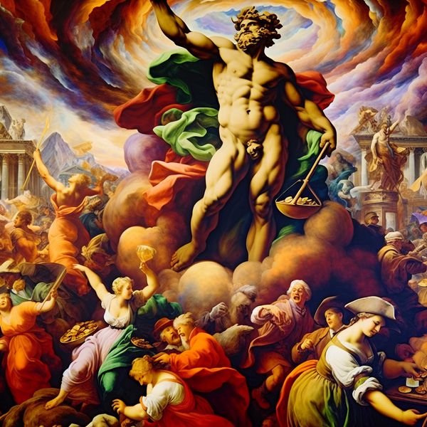 Gezond bedrijf in barokstijl: symbool van economische kracht en stabiliteit Barokke voorstelling van een gezond bedrijf als een krachtige, majestueuze figuur in een levendige markt, omringd door welvaart en dynamiek