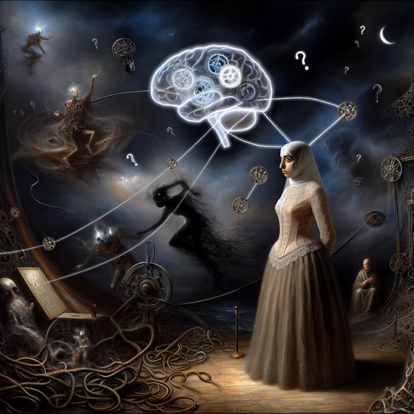 Gezond verstand en logica in surrealistische voorstelling met hersenen en chaos Surrealistische illustratie van een persoon met een verlichte hersenen vol tandwielen, symbool voor gezond verstand en logica te midden van chaos en twijfel