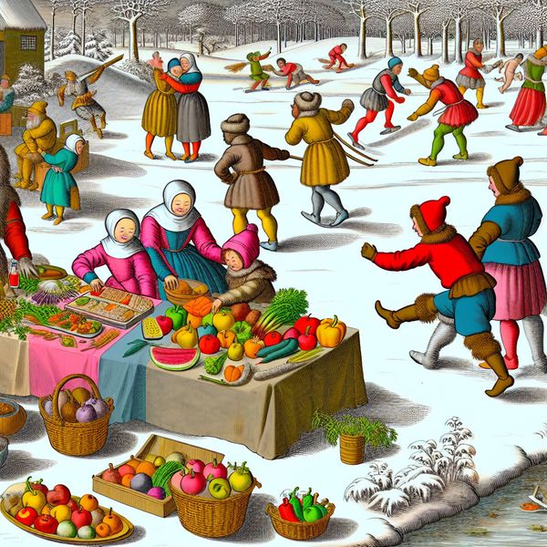 Gezond winterlandschap met actieve familie en vers voedsel Een winterlandschap met een diverse groep mensen die gezonde activiteiten ondernemen, zoals het bereiden van vers voedsel en buiten spelen.