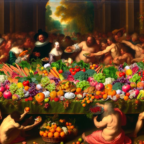 Gezond eten in barokstijl: overvloed aan verse groenten en fruit voor een gezonde maaltijd Barokke voorstelling van een overvloedige tafel met verse groenten en fruit, omringd door vrolijke figuren die gezond eten vieren