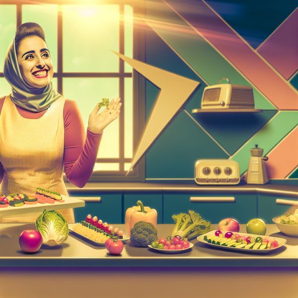 Persoon die vrolijk gezond voedsel voorbereidt in een modern retro-futuristische keuken