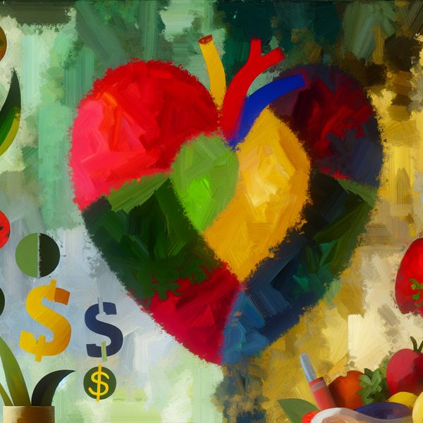 Vibrante illustratie van gezondheid boven rijkdom Abstracte afbeelding van een groot, kleurrijk hart omringd door fruit en groenten, met een vervaagd achtergrondbeeld van munten en dollar-symbolen.