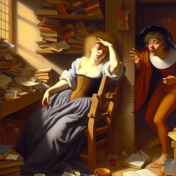 Een bleke jongedame uit een chaotische kamer, omringd door boeken en een omgevallen stoel.