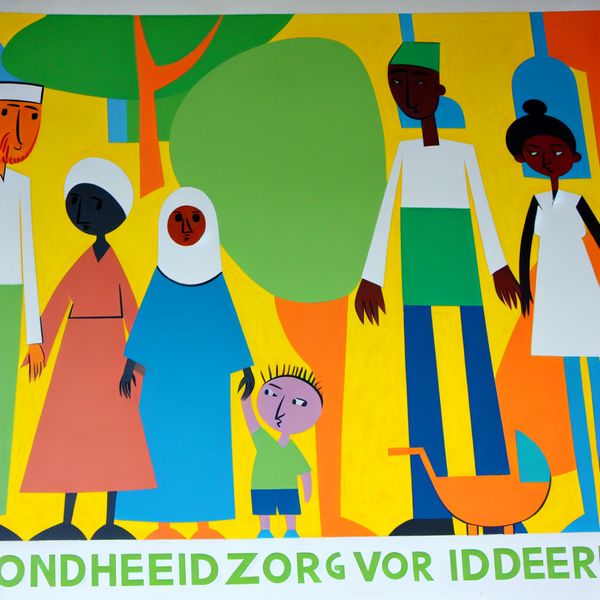 Diverse Groep Mensen Ondersteunt Gezondheidszorg voor Iedereen Minimalistische illustratie van een diverse groep mensen, inclusief een oudere, een kind en een jong volwassene, die samen staan en kijken naar een banner met de tekst 'Gezondheidszorg voor iedereen!'.