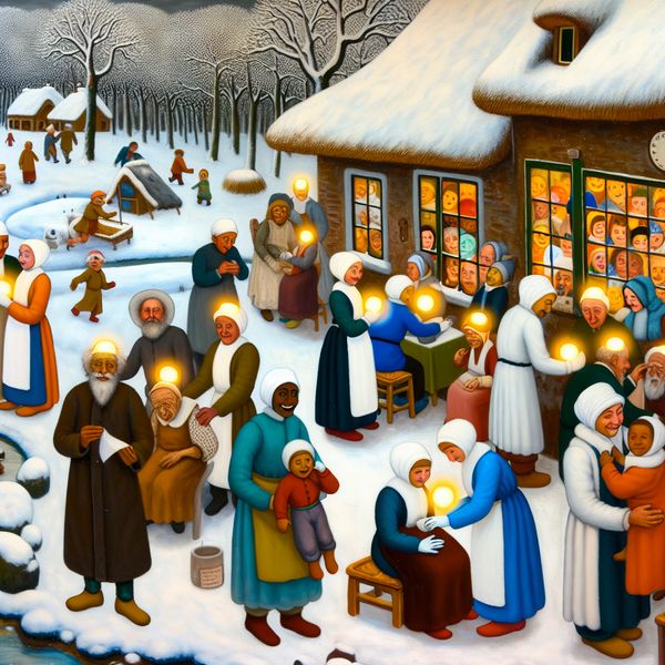 Een winterse scène met zorgverleners in traditionele kleding die zorgen voor een diverse gemeenschap in een sneeuwlandschap.