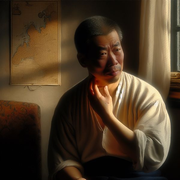 Gezwel in de hals ontdekken: intiem portret in Vermeer-stijl met subtiele details Persoon ontdekt voorzichtig een verdachte zwelling in de hals bij zacht licht, Vermeer-stijl schilderij