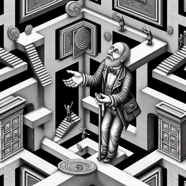 Gierige man in surrealistisch trappenlabyrint - Escher stijl karaktereigenschap Surrealistische Escher-achtige illustratie van een gierige man die krampachtig een munt vasthoudt in een eindeloos doolhof van trappen en optische illusies