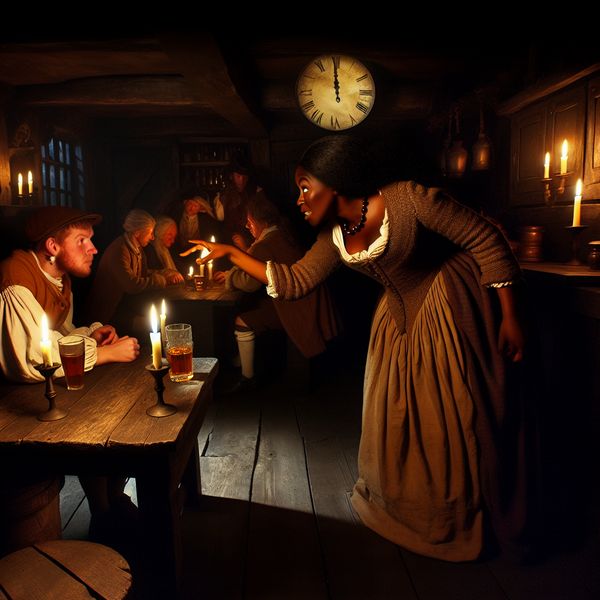 Symbolische scène van een Vlaamse taverne bij nacht, waarin een persoon met een intense blik 'gij' zegt tegen een ander, illustrerend informeel of dialectisch taalgebruik in het Nederlands en Vlaams
