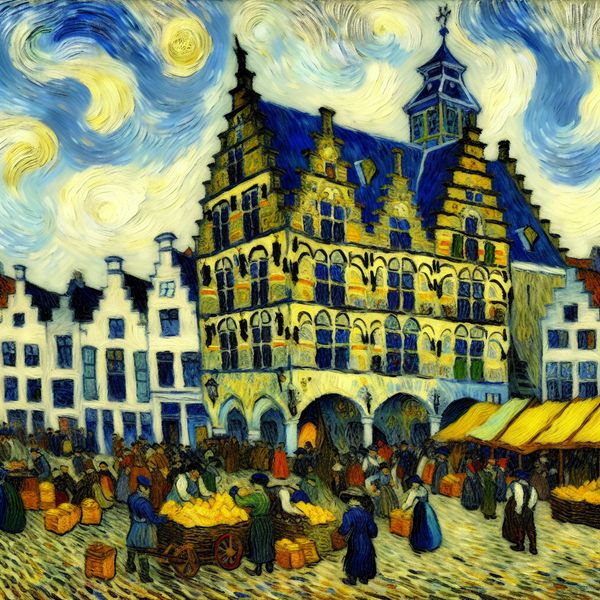 Historisch gildehuis Gouda kaasmarkt schilderij Van Gogh-stijl Schilderij in Van Gogh-stijl van het historische gildehuis 'De Waag' in Gouda met een levendige 17e-eeuwse kaasmarkt op het plein