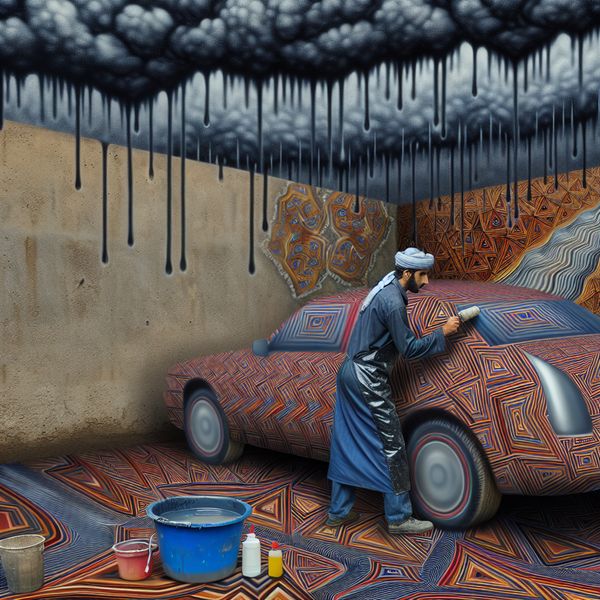 Glanzende coating aanbrengen op een auto voor bescherming Man brengt een glanzende beschermlaag aan op een auto met reflecterende geometrische patronen onder een gestileerde regenwolk.