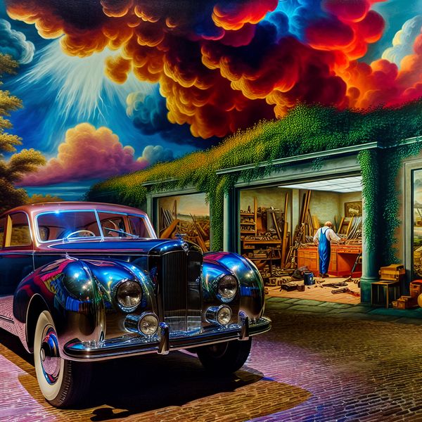 Nieuwe auto geparkeerd voor elegante garage Een glanzende nieuwe auto geparkeerd voor een elegante garage met een stormachtige lucht op de achtergrond.