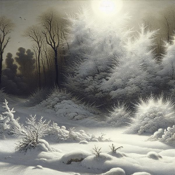 Glanzende sneeuw in winterlandschap - fel zonlicht reflectie schilderij Serene winterlandschap met glanzende sneeuw die fel zonlicht weerkaatst, geschilderd in de stijl van Gerard ter Borch