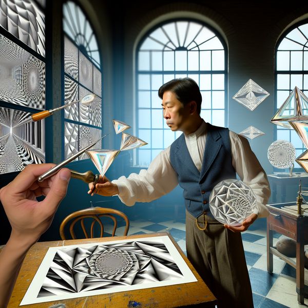Glasartiest Vormgeven Geometrische Vormen Een surrealistisch beeld van een glasartiest die gefocust glas snijdt in geometrische vormen in een werkplaats met natuurlijk licht.