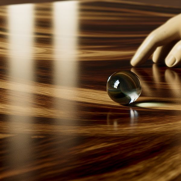 Glas knikker rolt over glad houten tafel met zichtbare nerfstructuur en subtiele reflecties