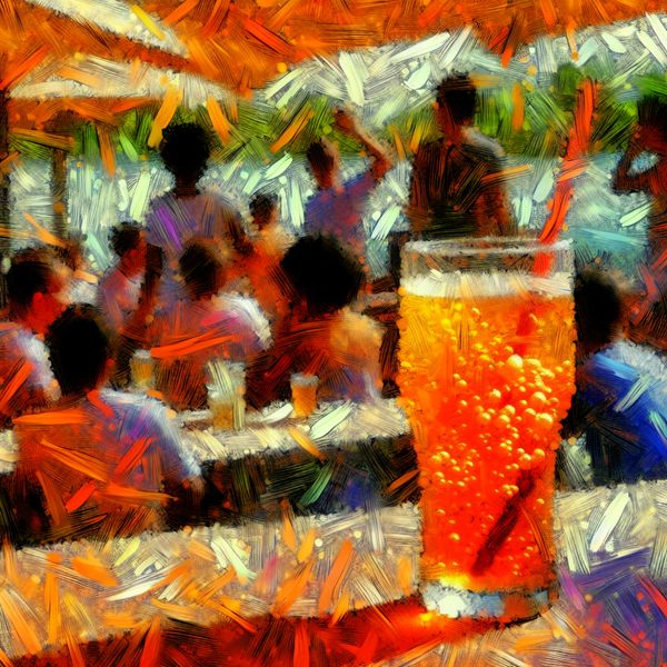 Abstract expressionistisch schilderij van een glas frisse sinas met koolzuur op een levendig terras, omringd door warme kleuren en dynamische penseelstreken