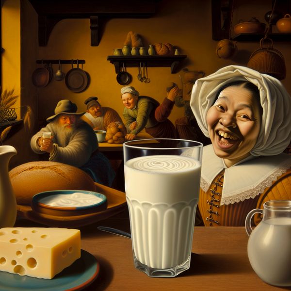 Glas verse melk drinken in traditioneel Nederlands ontbijttafereel 17e-eeuws Nederlands ontbijttafereel met persoon die een groot glas romige melk drinkt, omringd door brood, kaas en een melkkruik in een warme keuken