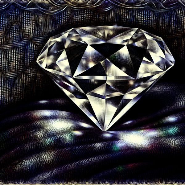 Een schitterende diamant op een donker fluwelen oppervlak, met zachte, luminescente reflecties en delicate regenboogkleuren.