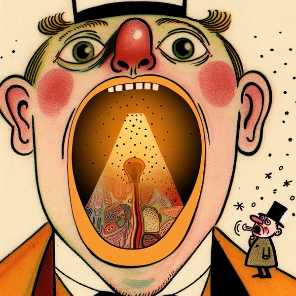 Cartoonillustratie van een grote open mond met een gloeiende keel, onderzocht door een kleine dokter met een zaklamp, in de stijl van Marten Toonder