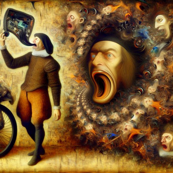 Surrealistisch tafereel van een gefrustreerde middeleeuwse man die 'godsnaam!' roept naast een lekke fietsband, omringd door bizarre wezens en symbolische objecten zoals een zwevende kapotte computer